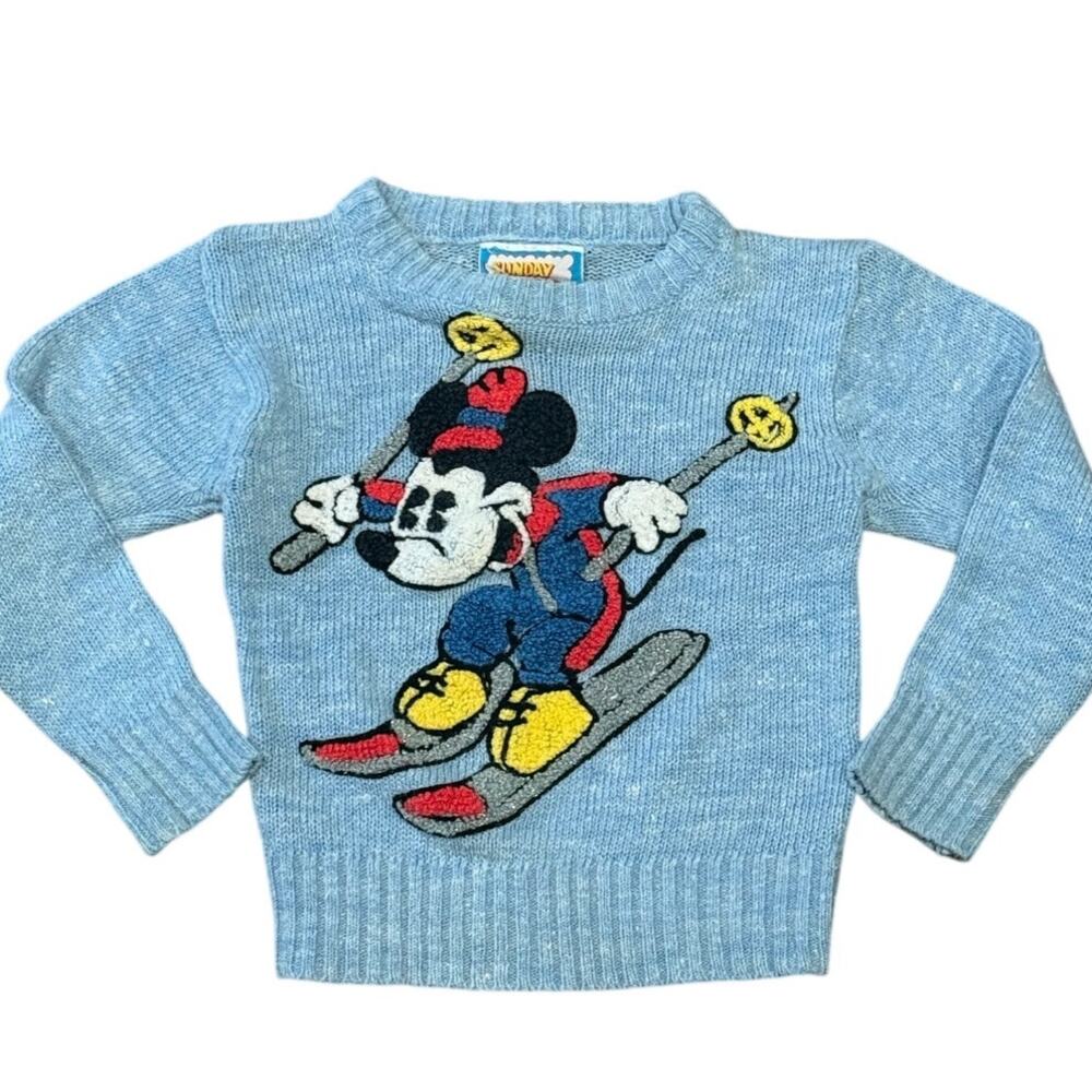 Vintage 80s Disney Mickey Mouse Ski Sweater 2T Sunday Comics Blue Gray EUC